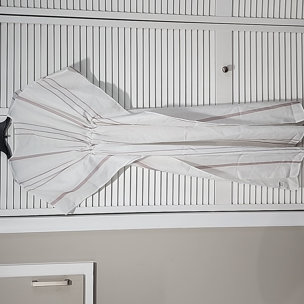 White W/ Tan Accent Stripes Kaftan Beach Cover-up with Drawstring & Tassels - Picture 2 of 6
